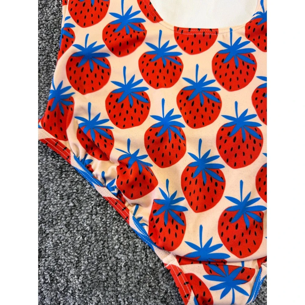 Hanna Anderson Swimsuit Girls Pink Strawberry Print One Piece Stretch Swimwear